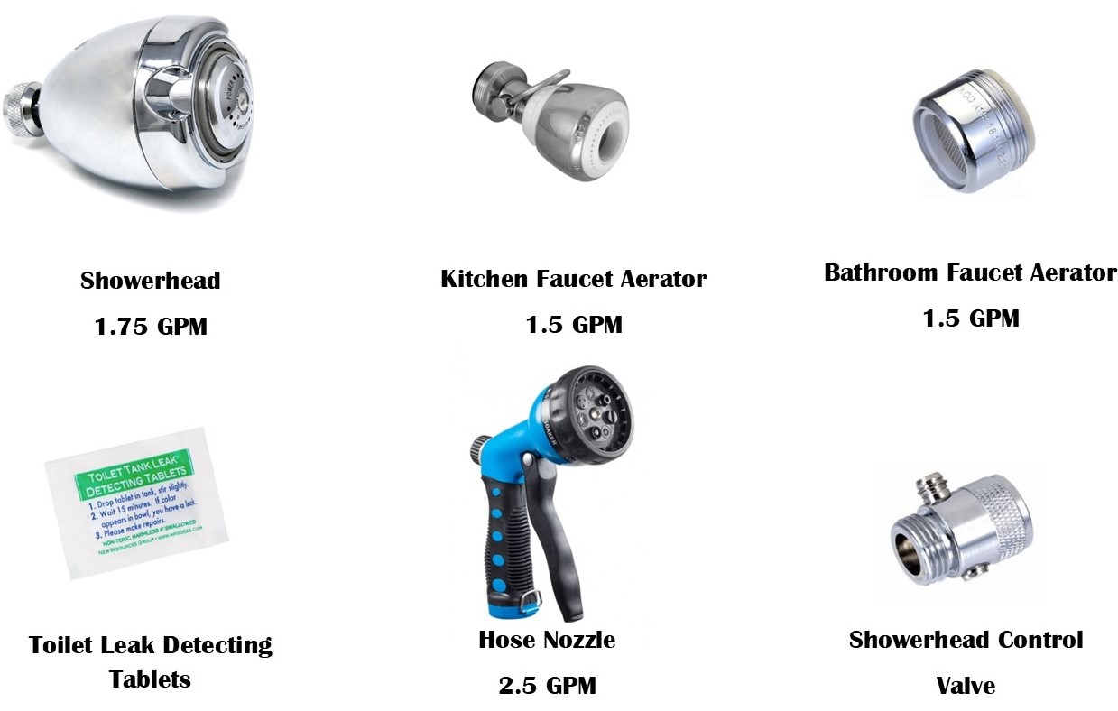 Showerhead, kitchen faucet aerator, bathroom faucet aerator, toilet tank leak detecting tablets, hose nozzle, showerhead control
